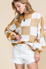 Women’s Pink Checkerboard Oversized Knit Sweater - TEVQA