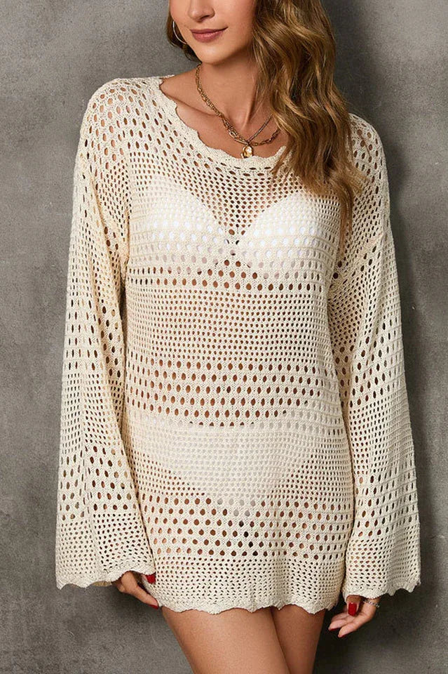 White Open-Knit Hollow Out Long Sleeve Beach Cover-Up - TEVQA
