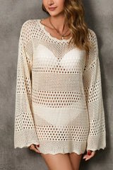 White Open-Knit Hollow Out Long Sleeve Beach Cover-Up - TEVQA