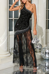 One Shoulder Shiny Sequin Lace Dress | Dress In Beauty
