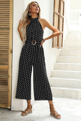 Polka Dots Print Funnel Neck Belted Jumpsuit | Dress In Beauty