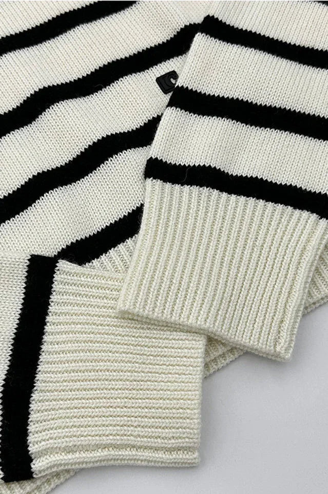 Wool Cashmere Sailor Collar Sweater - Striped Half-Zip Knit Pullover - TEVQA