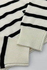 Wool Cashmere Sailor Collar Sweater - Striped Half-Zip Knit Pullover - TEVQA