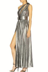 Close-up side view of the silver metallic one-shoulder gown highlighting the fabric and slit.