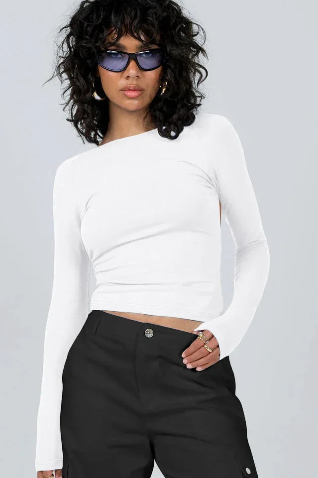 Ribbed knit long sleeve top with open back - View 6 | TEVQA