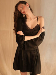 Pearl White Satin Lace Robe & Nightgown Set