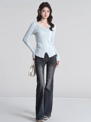 Light Blue Lace V-Neck Ribbed Knit Top