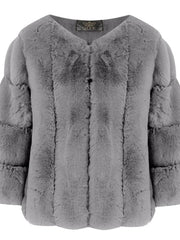 Front view of a grey faux fur jacket with an open neckline and layered sleeves.
