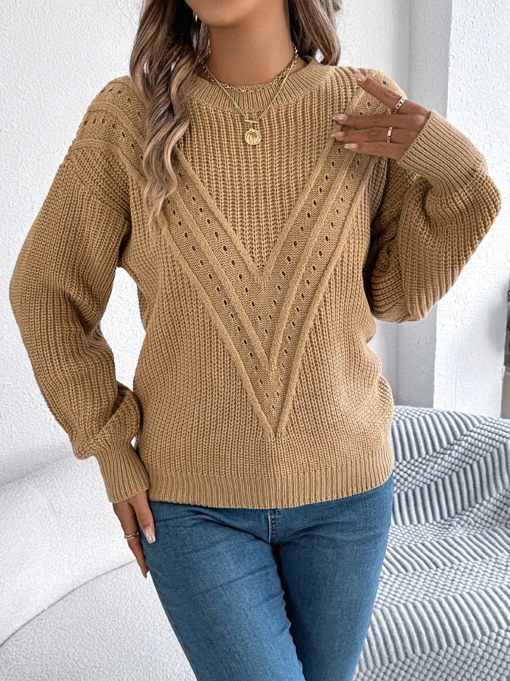 White Pointelle Knit Sweater - TEVQA