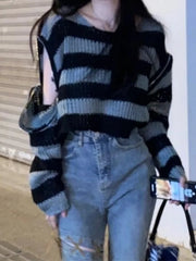 Y2K Grunge Striped Crop Sweater - TEVQA