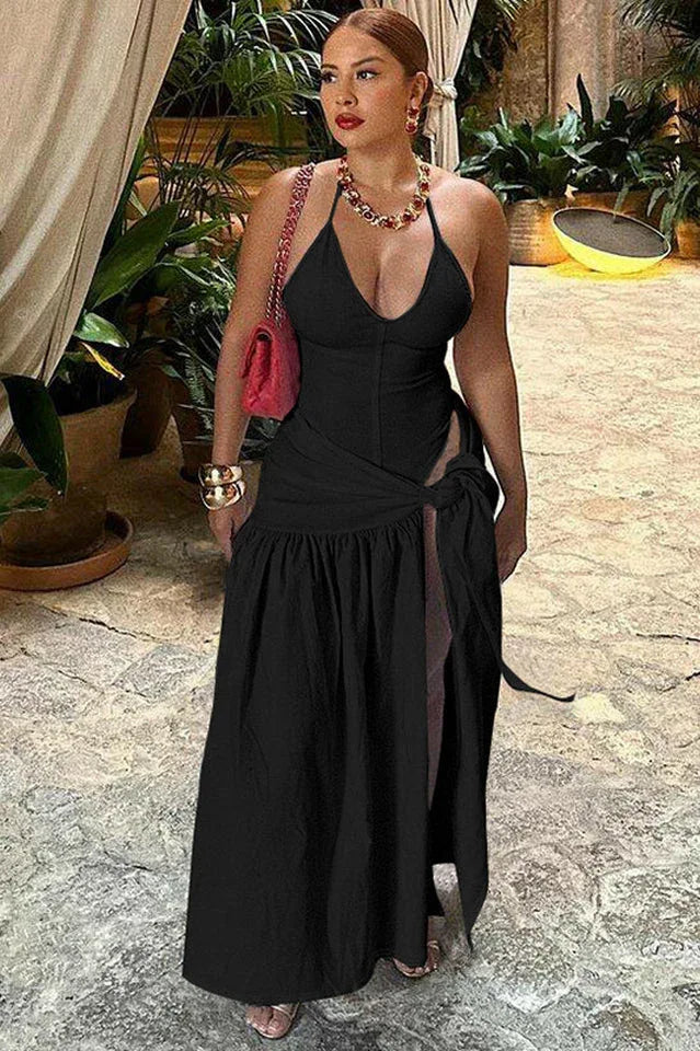 V-Neck Bodysuit Wrap Skirt Set - TEVQA