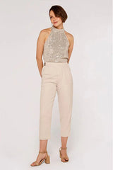 Apricot Champagne Sequin Halter Neck Top | Elegant High Neck Sleeveless Blouse - TEVQA