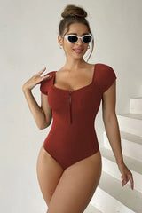 Solid Front Zipper Round Neck Bathing Suit - View 8 | TEVQA