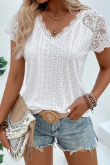 White Floral Lace & Eyelet Embroidery V-Neck Blouse - TEVQA