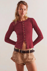 Vintage Rouge Ribbed Button-Front Long Sleeve Top - TEVQA
