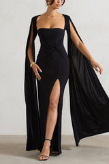 Maroon Extented Cape Sleeve Maxi Dress | Dress In Beauty