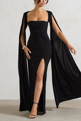 Maroon maxi dress with cape sleeves and sweetheart neckline - View 7 | TEVQA
