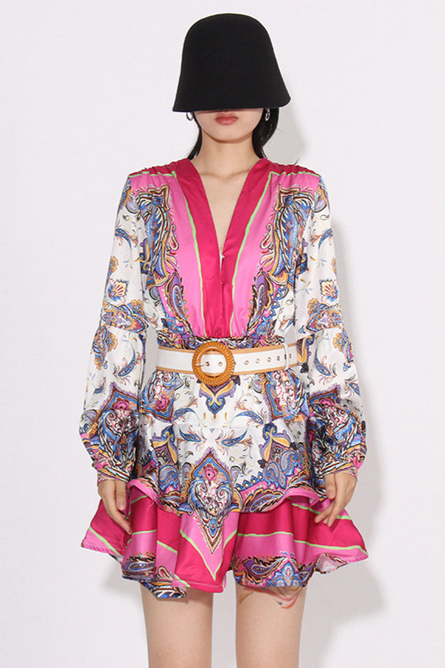Paisley Print V-Neck Mini Dress With Belt | Dress In Beauty