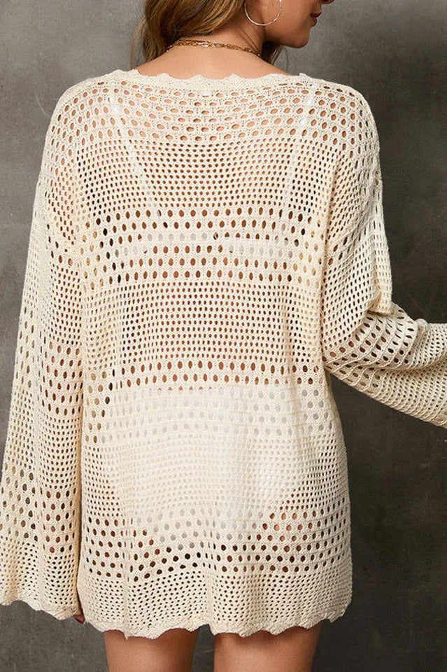 White Open-Knit Hollow Out Long Sleeve Beach Cover-Up - TEVQA