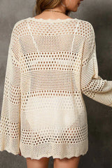 White Open-Knit Hollow Out Long Sleeve Beach Cover-Up - TEVQA