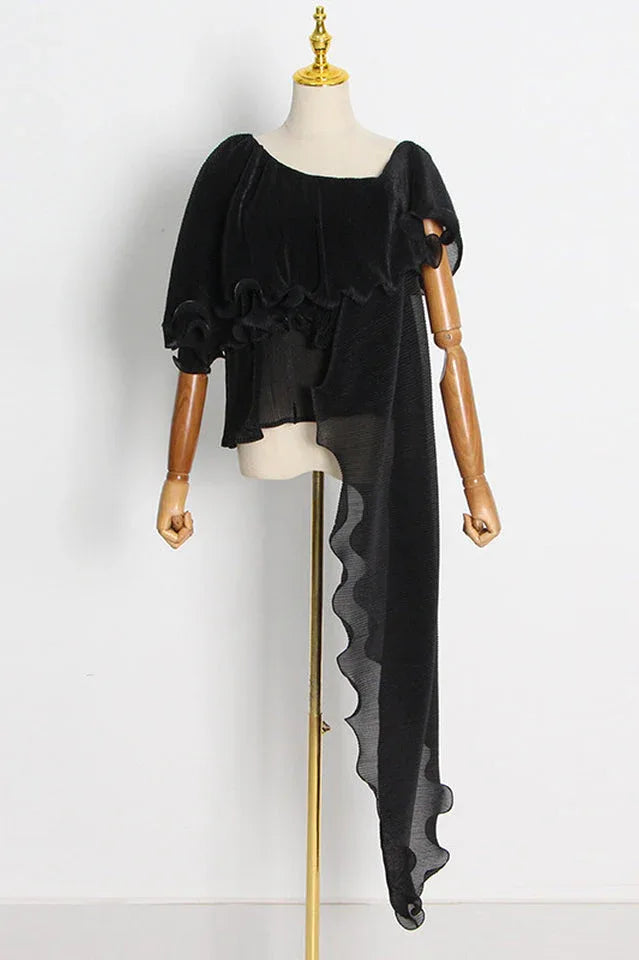 Ruffled Chiffon Top and Wide-Leg Pants Set - View 6 | TEVQA