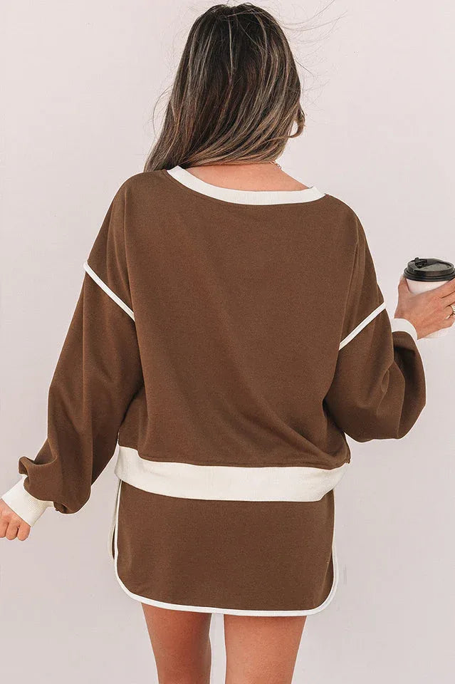 Forest green contrast trim pullover and skort set - View 12 | TEVQA
