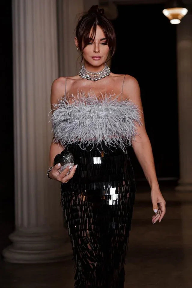 Aleyna Feather Top + Sequin Skirt Set - TEVQA