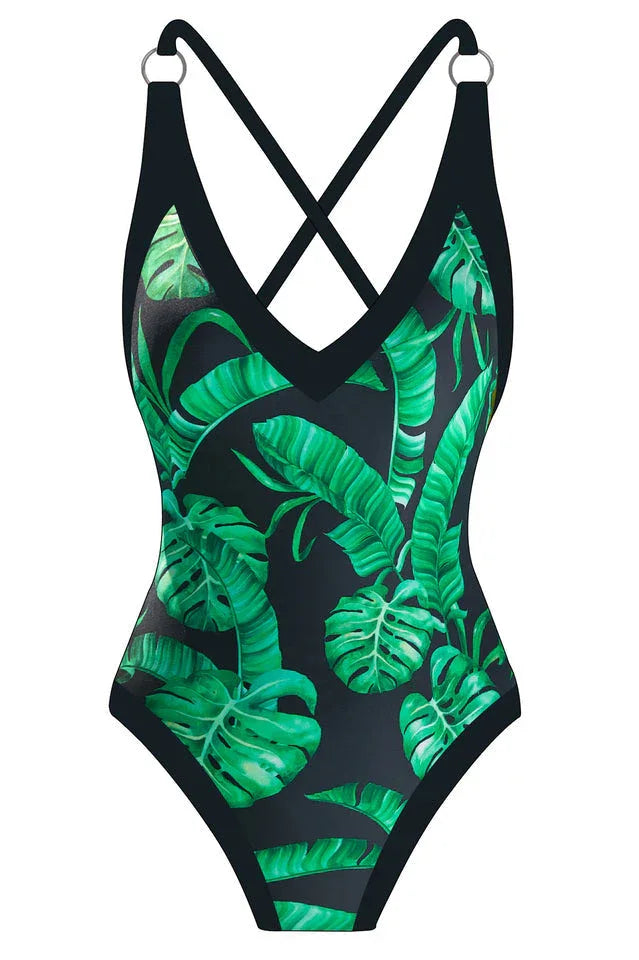 One Piece Swimsuit with V-Neck and Floral Print - View 8 | TEVQA