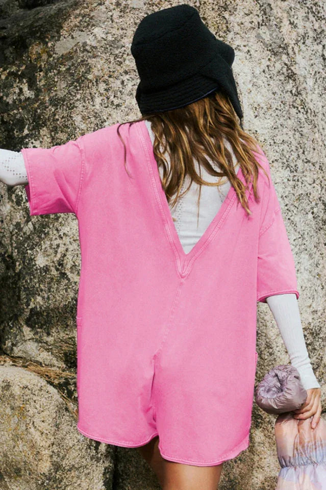 Oversized Crew Neck Romper with Open Back - View 6 | TEVQA