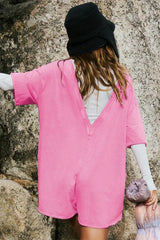 Oversized Crew Neck Romper with Open Back - View 6 | TEVQA