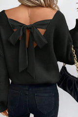 Ribbed knit sweater with satin bow tie back - View 9 | TEVQA