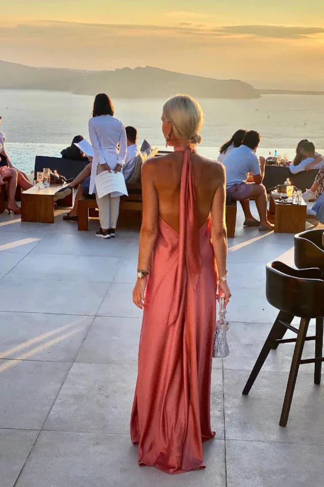 Back view of a woman in a coral satin halter maxi dress at an outdoor event during sunset.