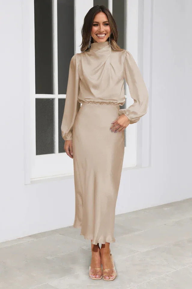 High Neck Satin Midi Dress - View 20 | TEVQA