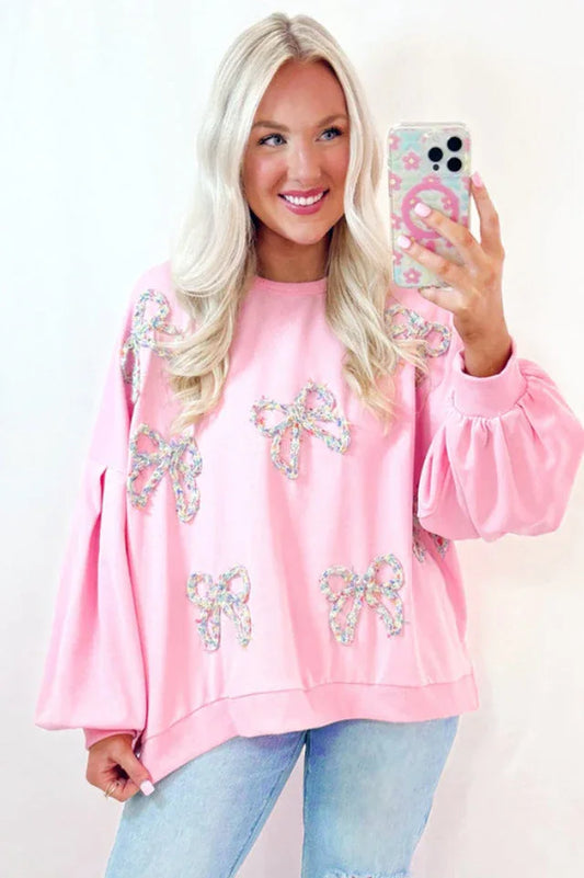 Coquette Pink Bow Applique Sweatshirt - TEVQA