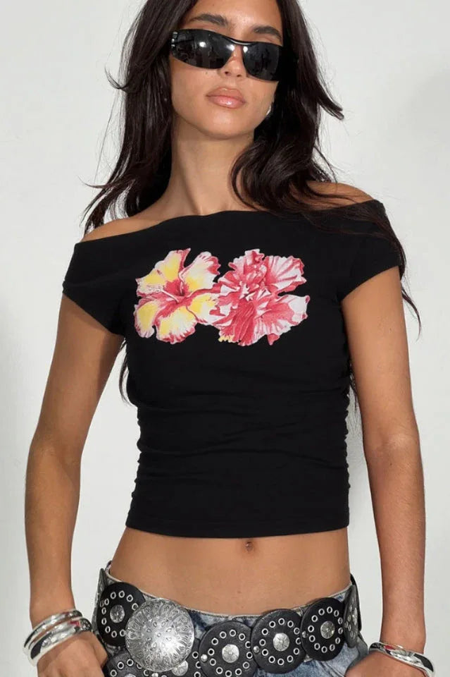 Twist Off Shoulder Graphic Top - TEVQA