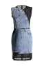 Front close-up of a sleeveless black mesh mini dress with an asymmetrical deconstructed denim overlay