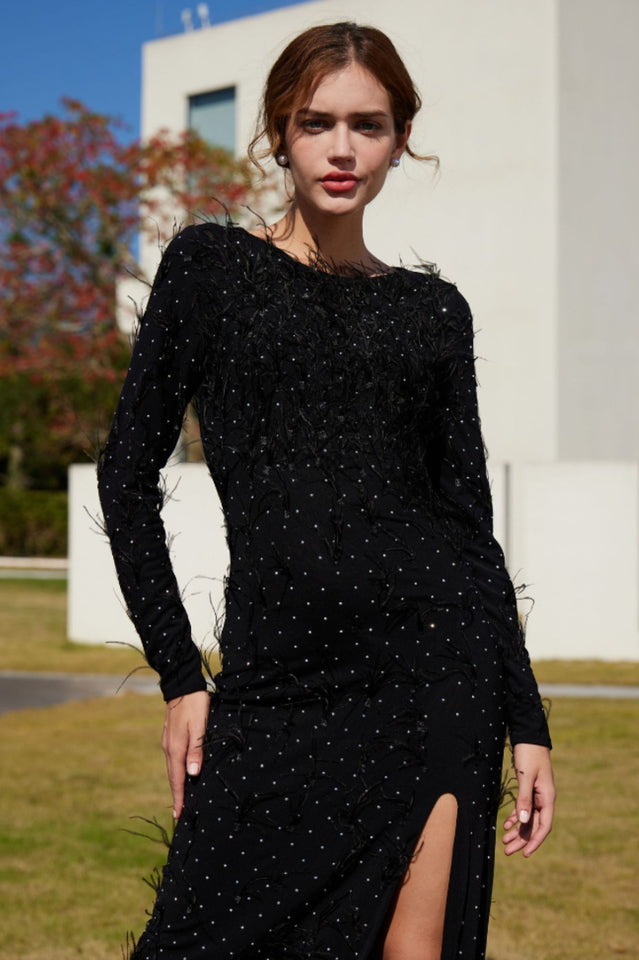 Rhinestone Faux Feather Trim Split Maxi Dress | Dress In Beauty