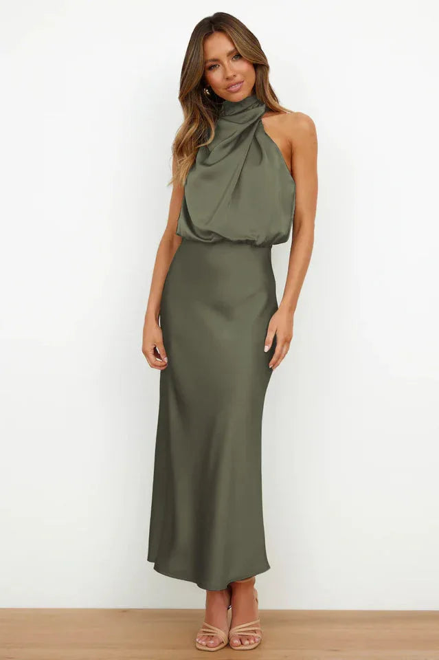 Satin Halter Neck Midi Dress - View 45 | TEVQA
