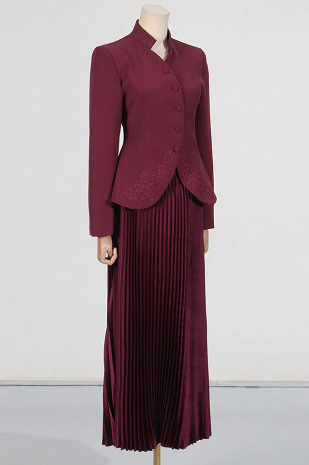 Mandarin Collar Peplum Jacket and Pleated Skirt Set - View 7 | TEVQA