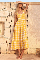 Yellow Gingham Midi Dress with Smocked Bodice - View 12 | TEVQA