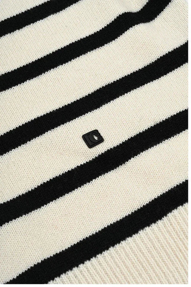 Wool Cashmere Sailor Collar Sweater - Striped Half-Zip Knit Pullover - TEVQA