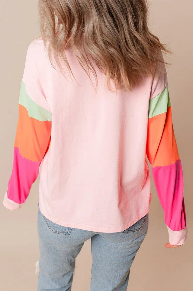 Playful Color Block Long Sleeve Top - TEVQA