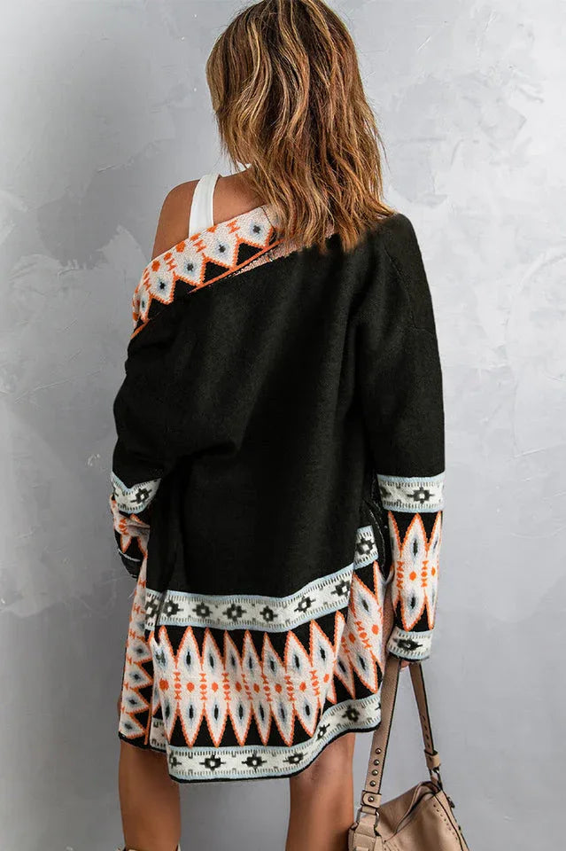 Southwestern Aztec Pattern Knit Cardigan - View 9 | TEVQA