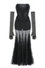 Black lace corset gown with sheer skirt and long sleeves laid flat