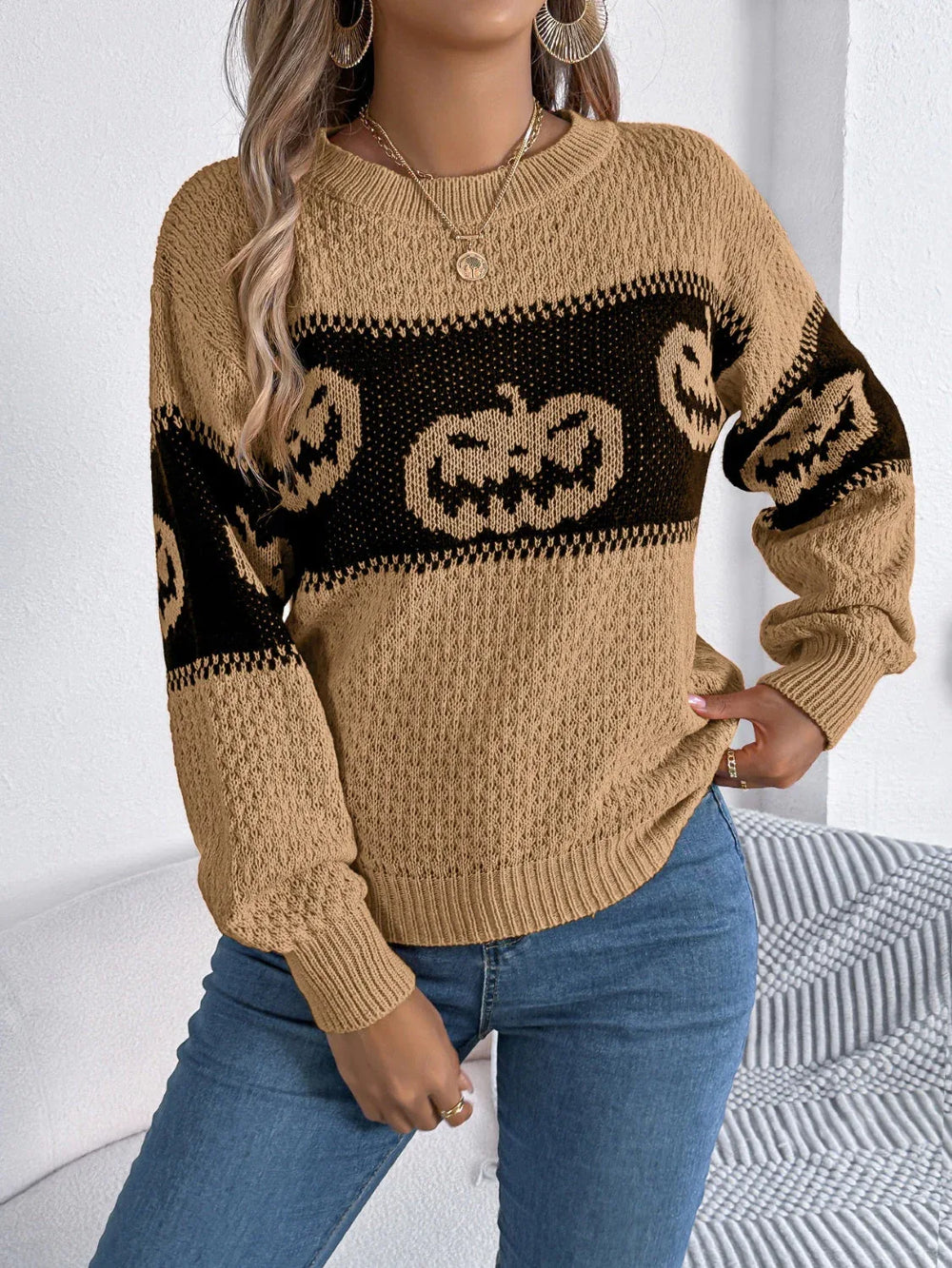 Festive Pumpkin Patch Knit Sweater - View 7 | TEVQA