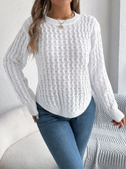 Camel Cable Knit Curved Hem Sweater - TEVQA
