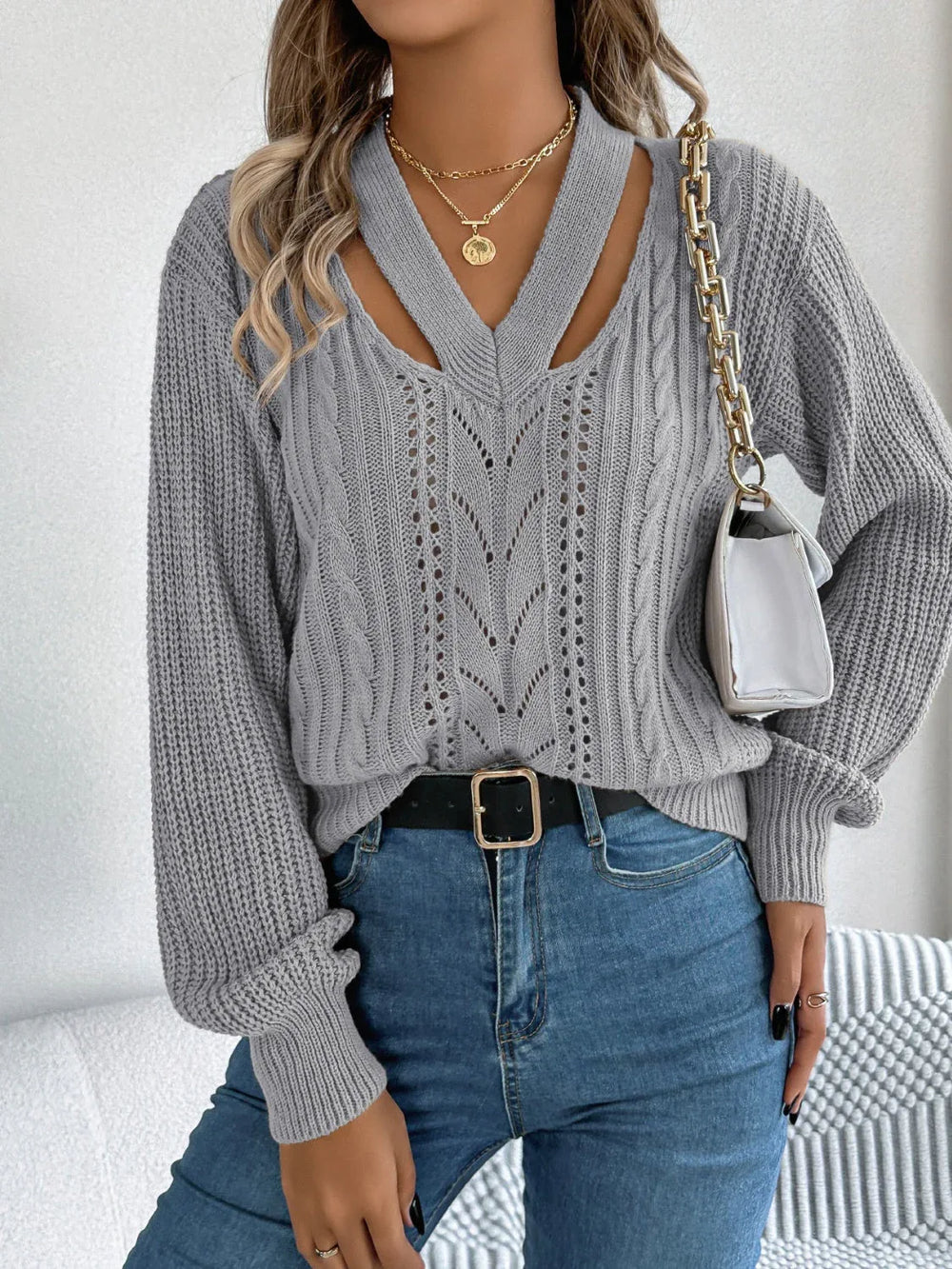 White Cutout V-Neck Cable Knit Sweater - TEVQA