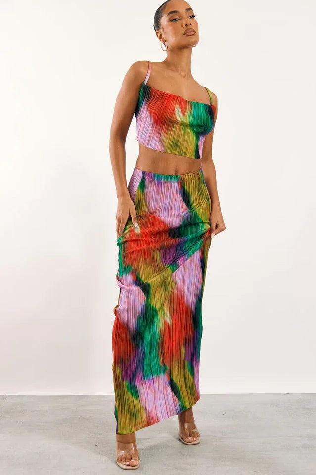 Pleated cow neck top and maxi skirt set - View 9 | TEVQA