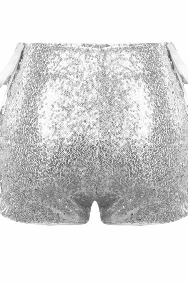 Rear view of silver sequined shorts, highlighting the sequin texture and fit.