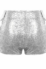 Rear view of silver sequined shorts, highlighting the sequin texture and fit.